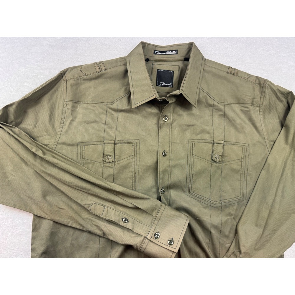 7 Diamonds Mens XL Olive Green Military Western Button Down Shirt Long Sleeve